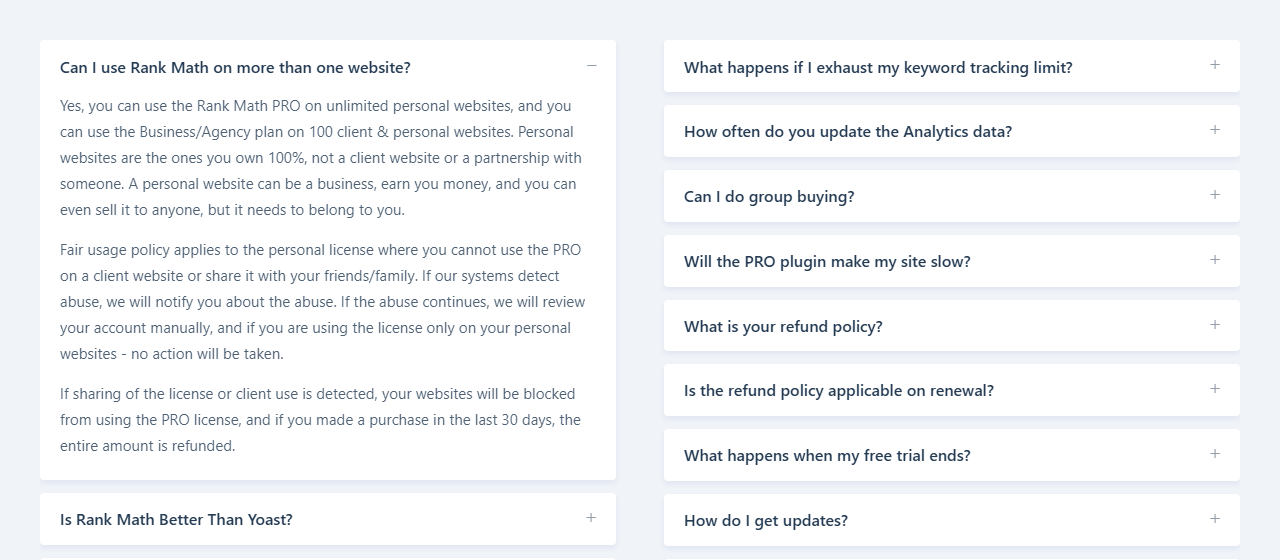 Rank Math pricing FAQ answer to Can I use Rank Math on more than one website, saying PRO can be used on unlimited personal websites that you own 100 percent, that the Business and Agency plans cover client websites, that a fair usage policy applies to the personal licence, and that if sharing of the licence or client use is detected, websites will be blocked from using the PRO licence