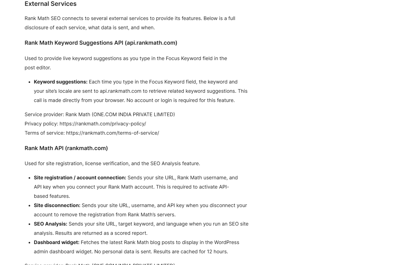 WordPress.org Rank Math SEO External Services section: keyword suggestions send the keyword and site locale to api.rankmath.com directly from the browser with no account required, service provider Rank Math, ONE.COM INDIA PRIVATE LIMITED, links to a privacy policy and terms of service; the Rank Math API is used for site registration, licence verification and SEO Analysis, sending site URL, username and API key