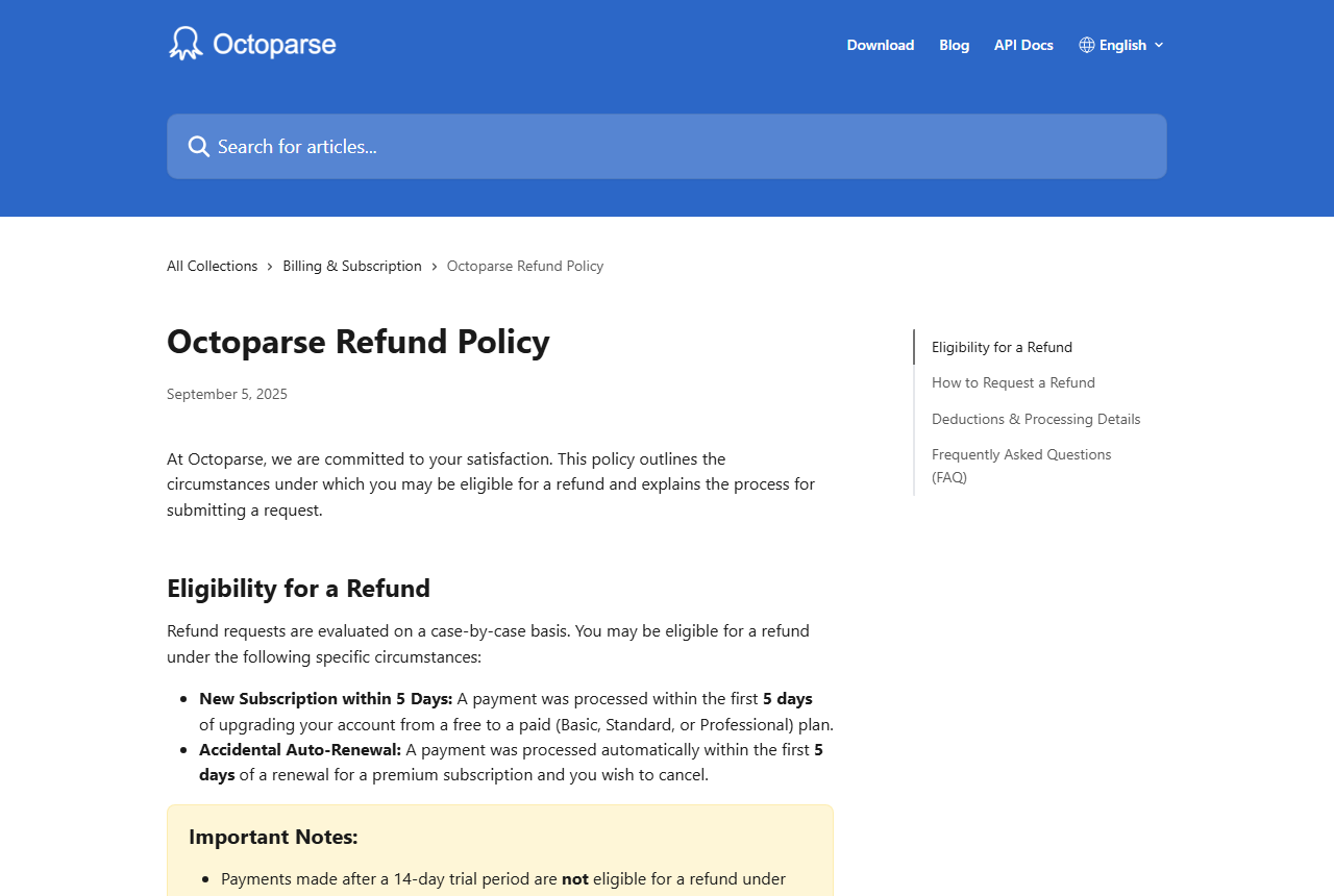 Octoparse help-center article titled Octoparse Refund Policy, with the eligibility section listing a new subscription within 5 days and accidental auto-renewal, and the important notes about the 14-day trial