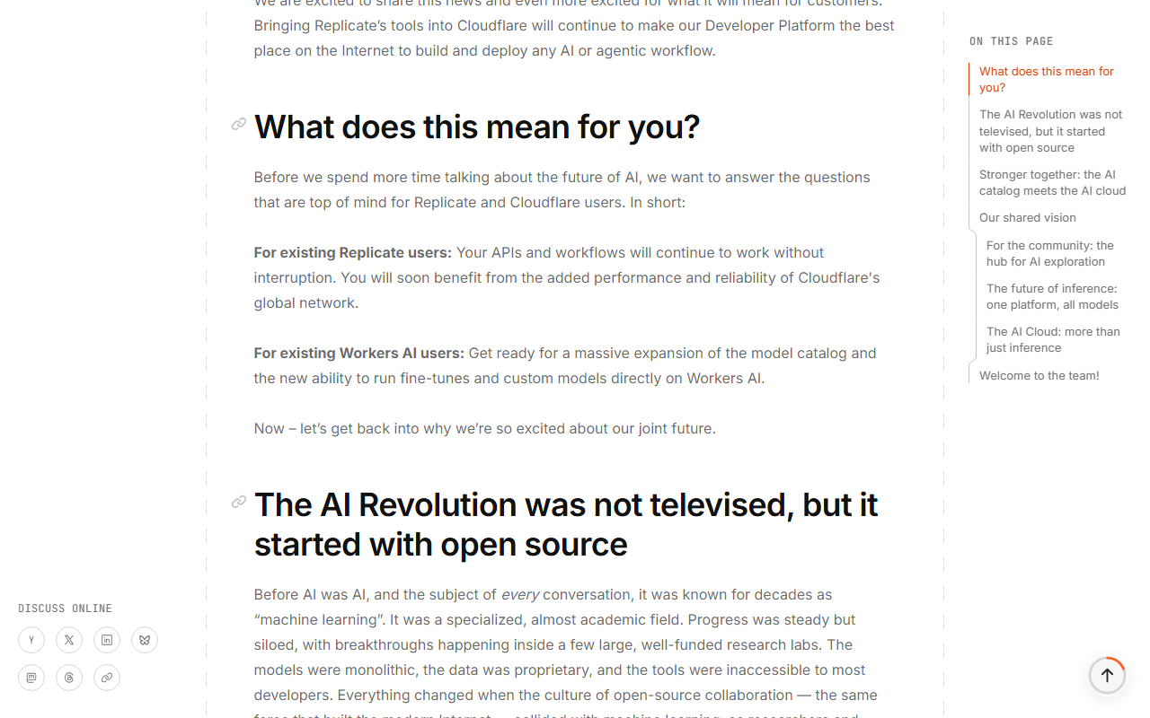 Cloudflare blog post Replicate is joining Cloudflare, section What does this mean for you, saying existing Replicate users' APIs and workflows will continue to work without interruption and Workers AI users will get a larger catalog and custom models