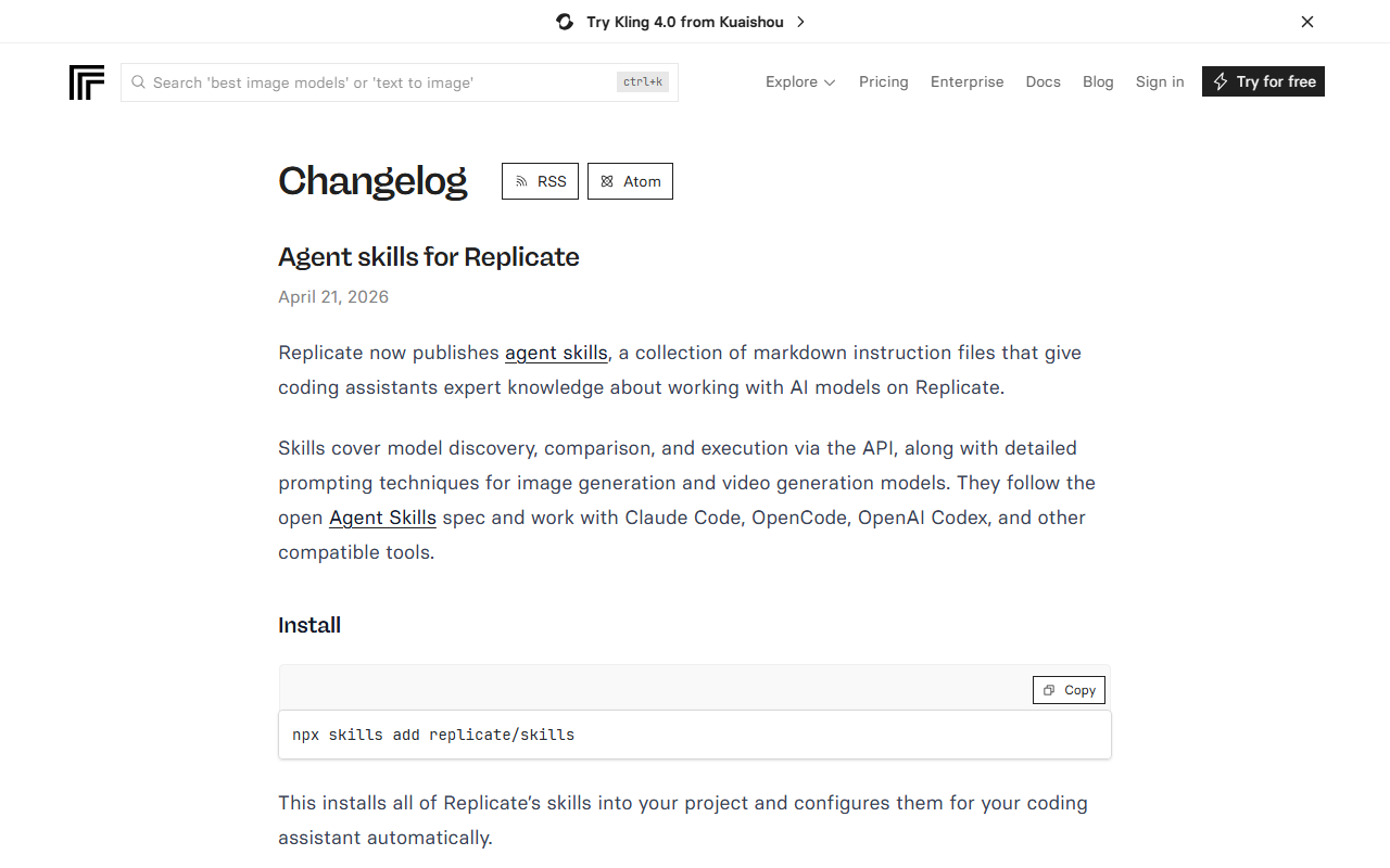 Replicate changelog page whose newest entry is Agent skills for Replicate, dated April 21, 2026, describing markdown instruction files for coding assistants and the install command npx skills add replicate/skills