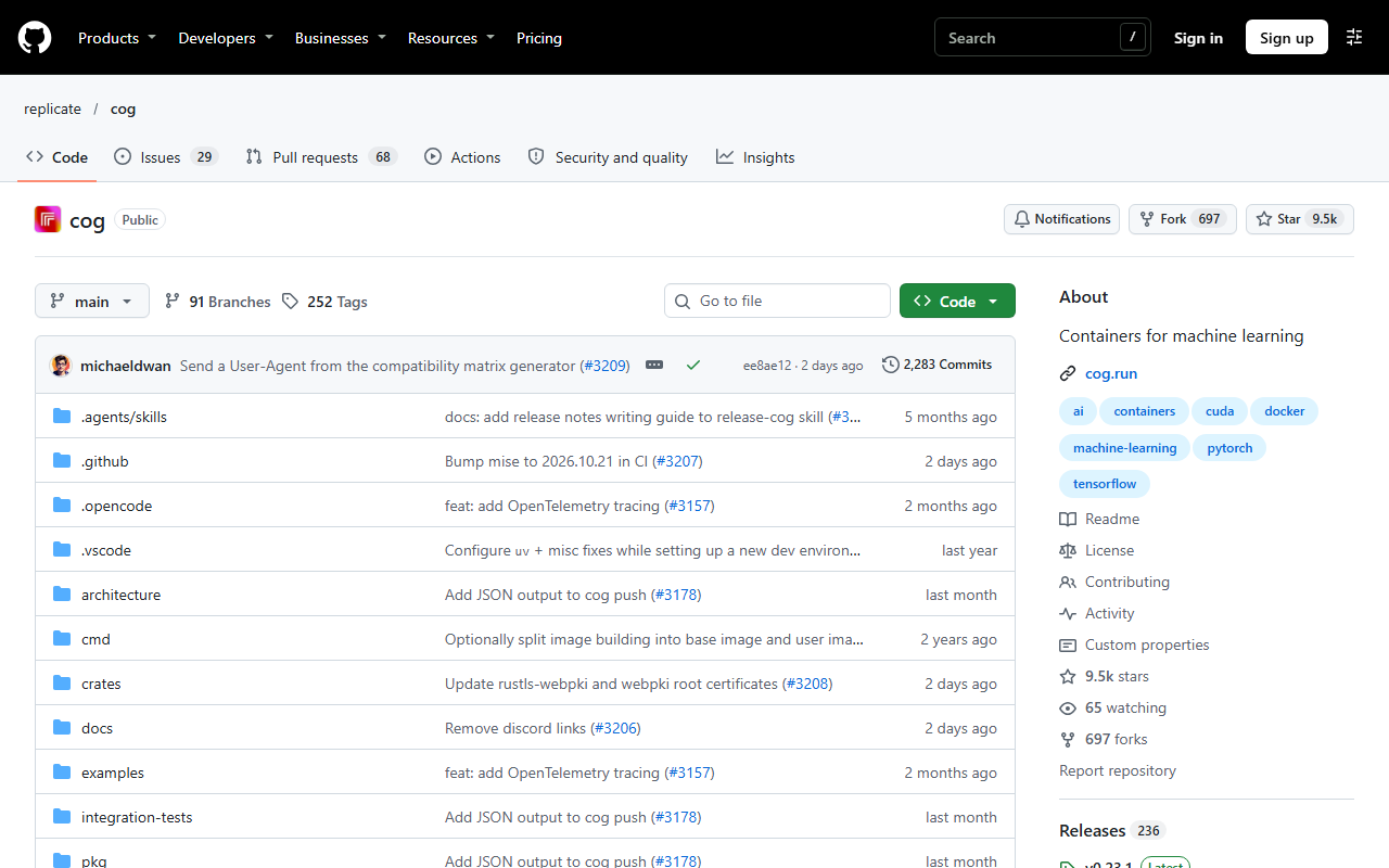GitHub repository replicate/cog, Containers for machine learning, showing 9.5k stars, 697 forks, 29 open issues, 68 pull requests and commits from two days earlier
