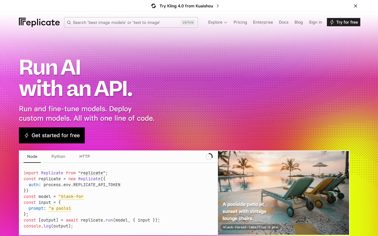 Replicate home page with the headline Run AI with an API, the line Run and fine-tune models, deploy custom models, all with one line of code, a Get started for free button, a code panel with a Node sample calling replicate.run and a FLUX.2 pro image of a poolside patio at sunset