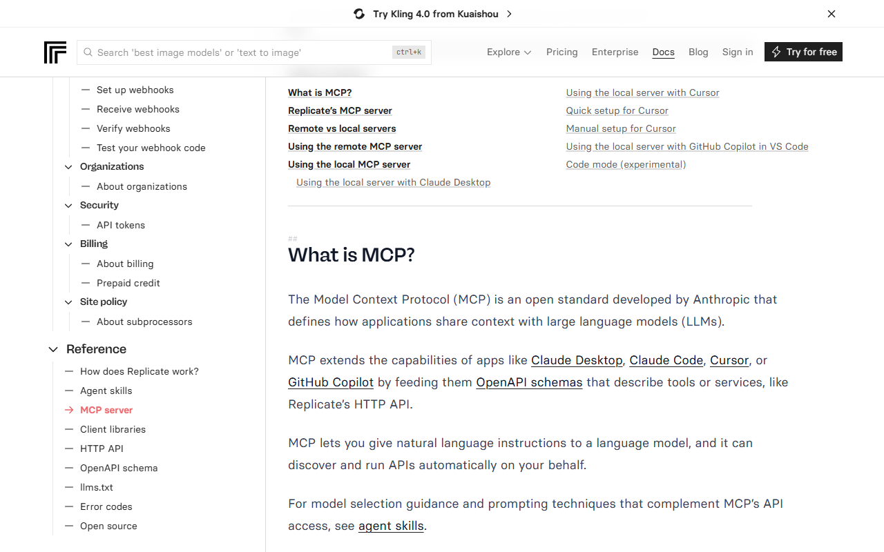 Replicate docs page MCP server with a table of contents covering remote and local servers and setup for Claude Desktop, Cursor and GitHub Copilot in VS Code, and a What is MCP section naming Claude Desktop, Claude Code, Cursor and GitHub Copilot