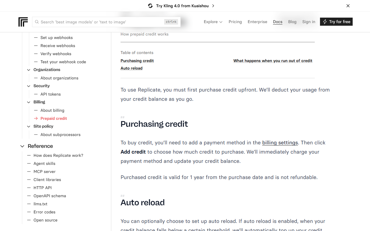 Replicate docs page on prepaid credit stating that to use Replicate you must first purchase credit upfront and that purchased credit is valid for 1 year from the purchase date and is not refundable, above an Auto reload heading