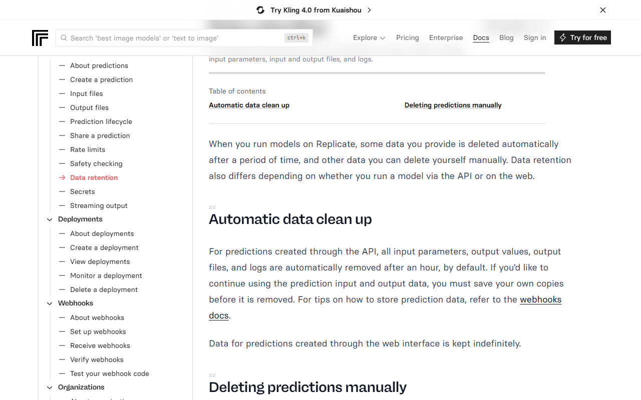 Replicate docs page Data retention, Automatic data clean up section, saying inputs, outputs, output files and logs of API predictions are removed after an hour by default and that data for predictions created through the web interface is kept indefinitely