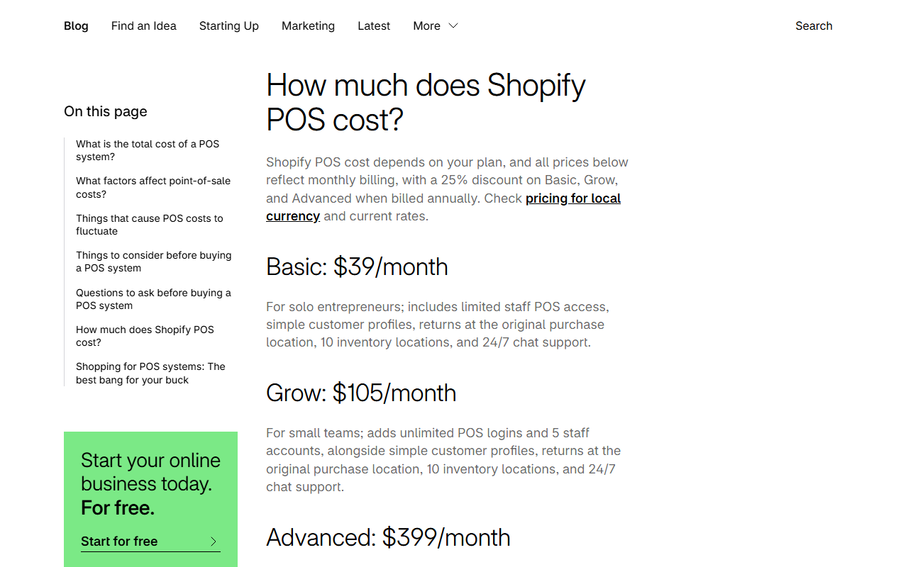 Shopify blog article How much does Shopify POS cost?, stating that prices reflect monthly billing with a 25 percent discount on Basic, Grow and Advanced when billed annually, then listing Basic at 39 dollars a month, Grow at 105 dollars a month and Advanced at 399 dollars a month with their in-person features