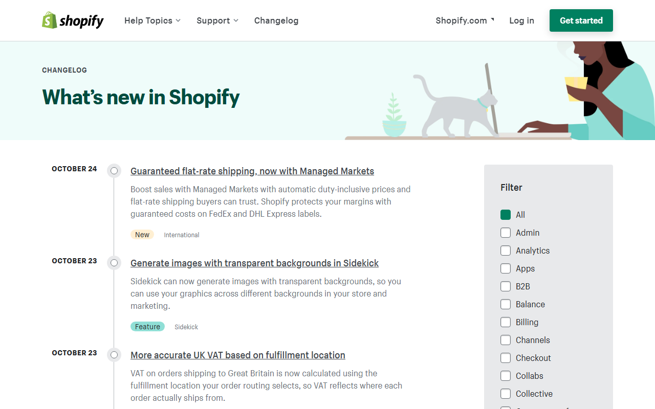 Shopify Changelog page headed What's new in Shopify, listing October 24 Guaranteed flat-rate shipping now with Managed Markets, October 23 Generate images with transparent backgrounds in Sidekick, and October 23 More accurate UK VAT based on fulfillment location, with filter checkboxes for Admin, Analytics, Apps, B2B, Balance, Billing and more