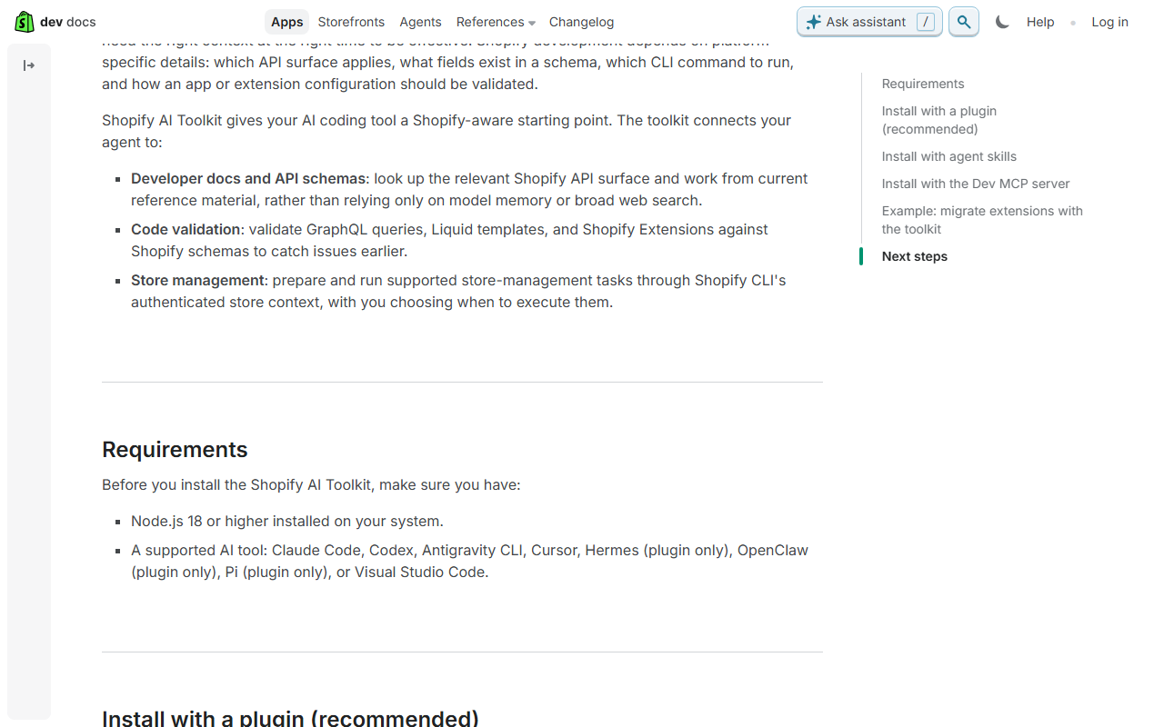 Shopify developer docs page for the Shopify AI Toolkit, explaining that it gives AI coding tools developer docs and API schemas, code validation for GraphQL, Liquid and extensions, and store management through Shopify CLI, with requirements of Node.js 18 or higher and a supported tool such as Claude Code, Codex, Antigravity CLI, Cursor or Visual Studio Code