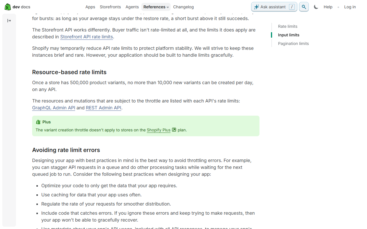 Shopify developer docs page on API limits, with the Resource-based rate limits section stating that once a store has 500,000 product variants no more than 10,000 new variants can be created per day on any API, a green note that the throttle does not apply to Shopify Plus stores, and advice on avoiding rate limit errors