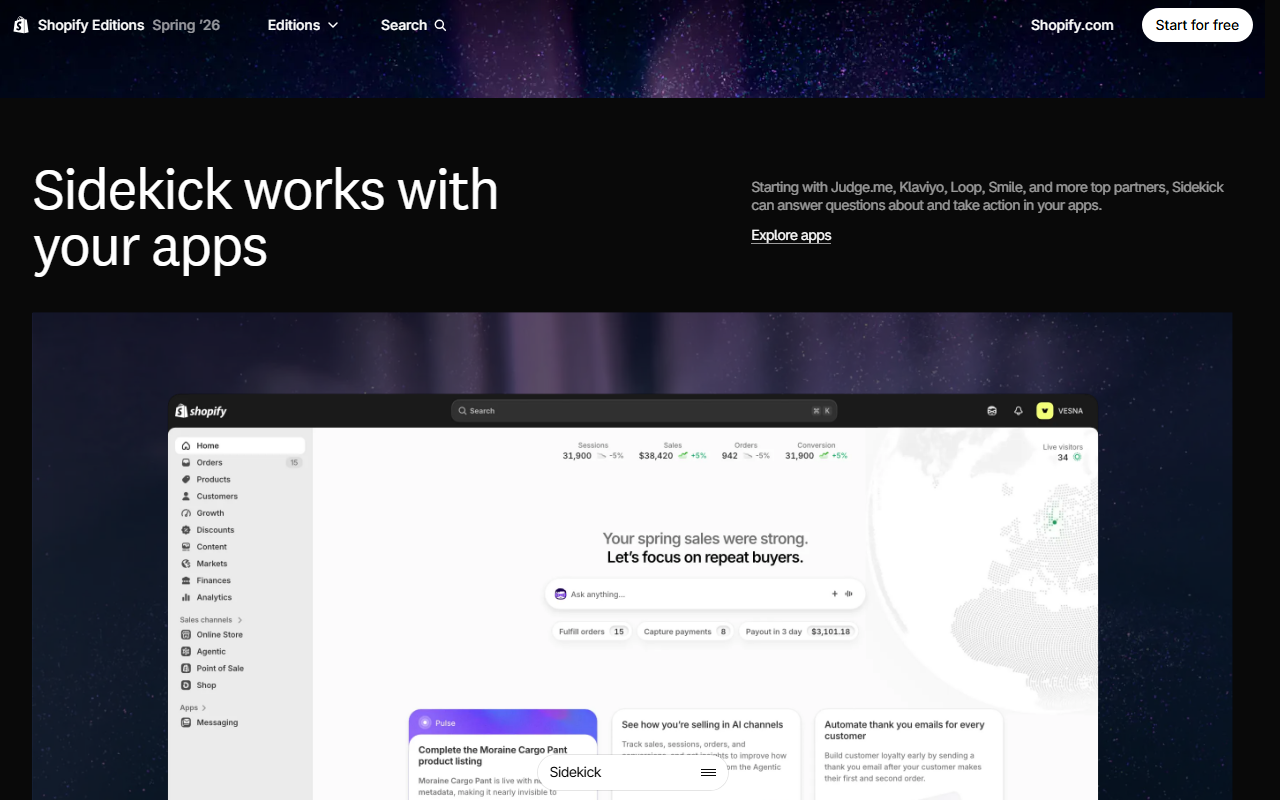Shopify Editions Spring 26 page section Sidekick works with your apps, noting that starting with Judge.me, Klaviyo, Loop, Smile and more partners Sidekick can answer questions about and take action in apps, above a screenshot of the Shopify admin with a Sidekick panel suggesting a focus on repeat buyers