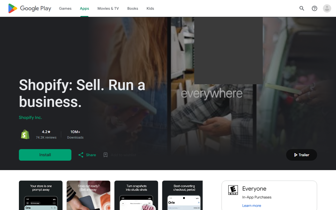 US Google Play listing for Shopify: Sell. Run a business. by Shopify Inc. with a 4.2 star rating from 74.2K reviews, 10M plus downloads, an Install button and a trailer image whose photo of a person is partly masked with a grey box