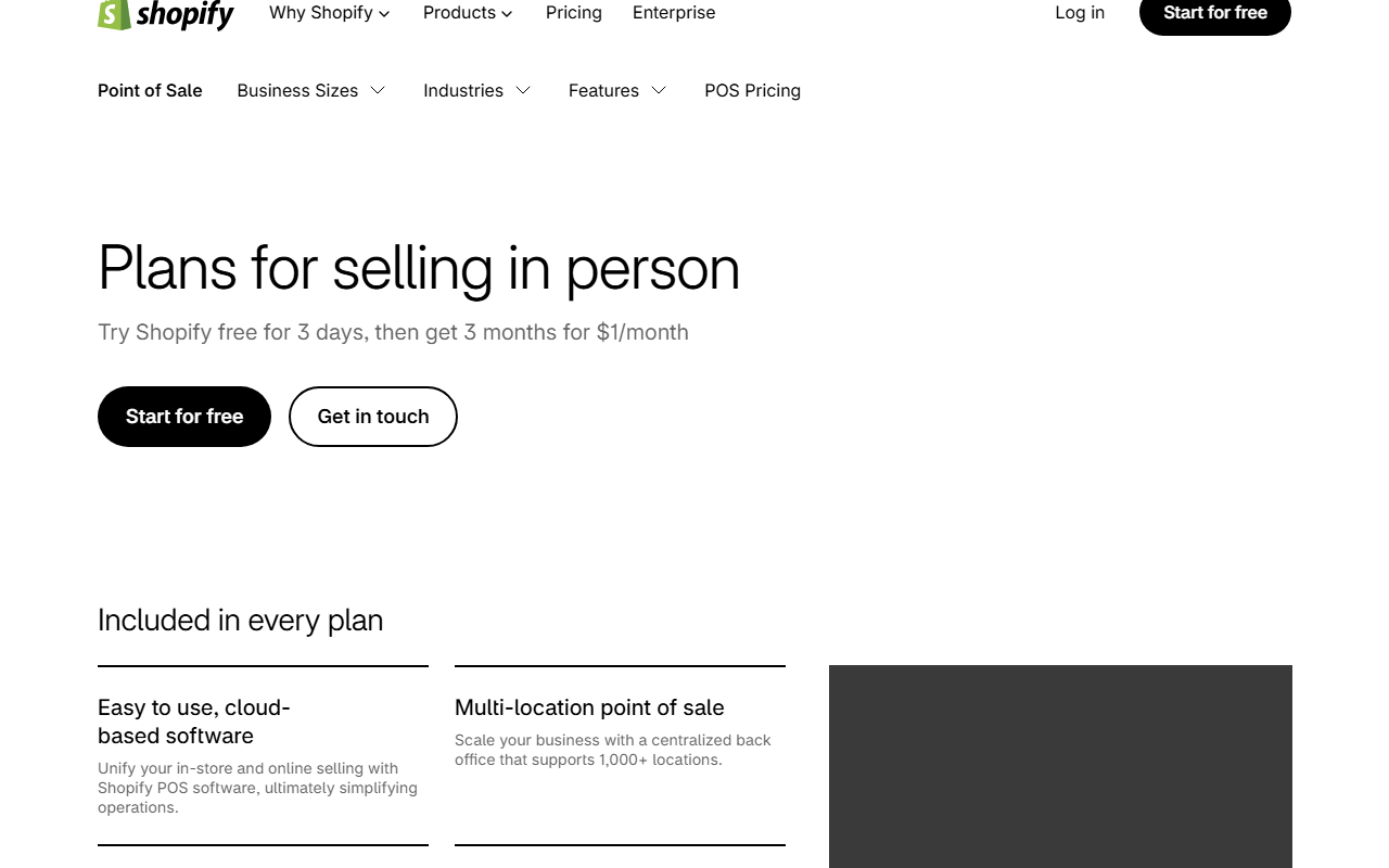 Shopify POS pricing page headed Plans for selling in person, with the line Try Shopify free for 3 days, then get 3 months for 1 dollar a month, Start for free and Get in touch buttons, and an Included in every plan row listing cloud-based software and multi-location point of sale; the photo of two people beside that row is masked with a grey box
