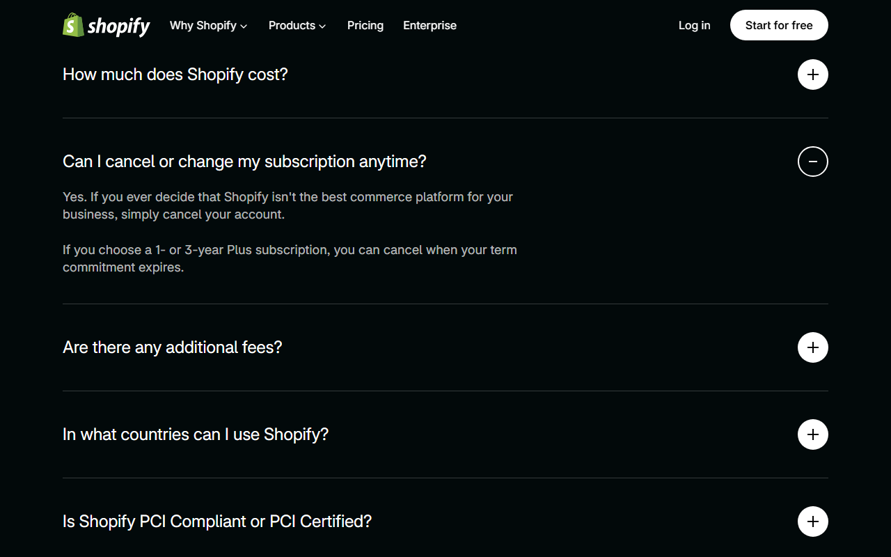 Shopify pricing page FAQ with the question Can I cancel or change my subscription anytime? expanded, answering Yes, if you decide Shopify is not the best commerce platform for your business, simply cancel your account, and noting that 1- or 3-year Plus subscriptions can be cancelled when the term expires