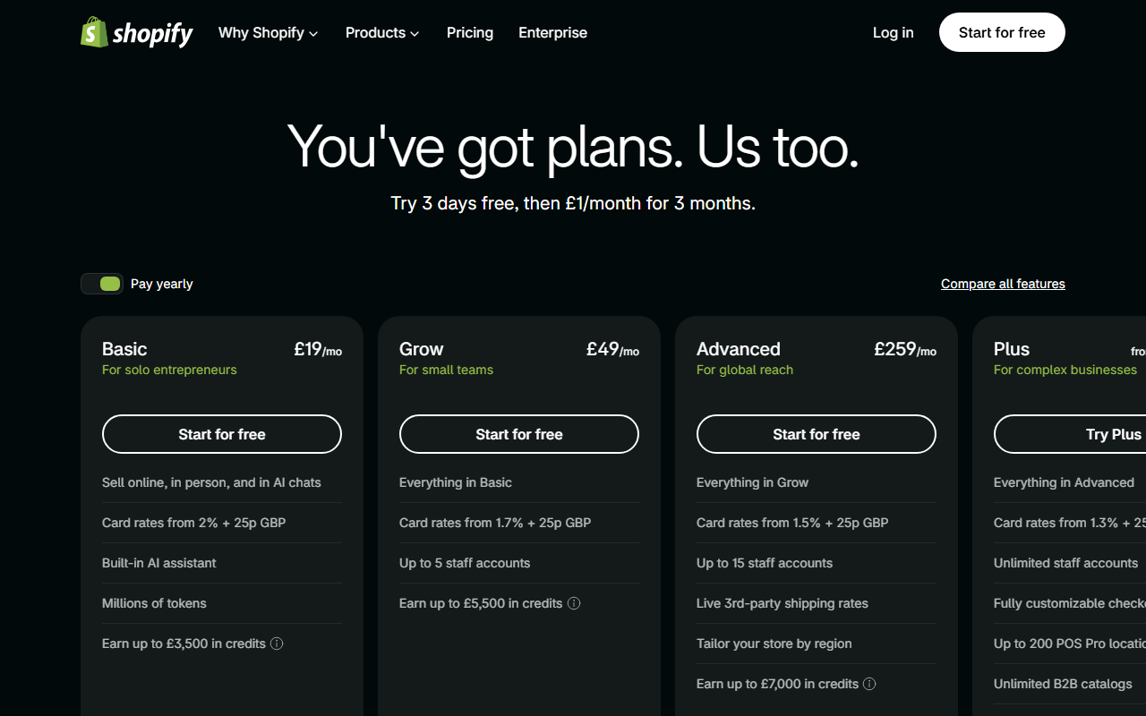 Shopify UK pricing page with yearly billing, offering 3 days free then 1 pound a month for 3 months, Basic at 19 pounds a month with card rates from 2 percent plus 25p, Grow at 49 pounds with 1.7 percent plus 25p, Advanced at 259 pounds with 1.5 percent plus 25p, and Plus with 1.3 percent plus 25p