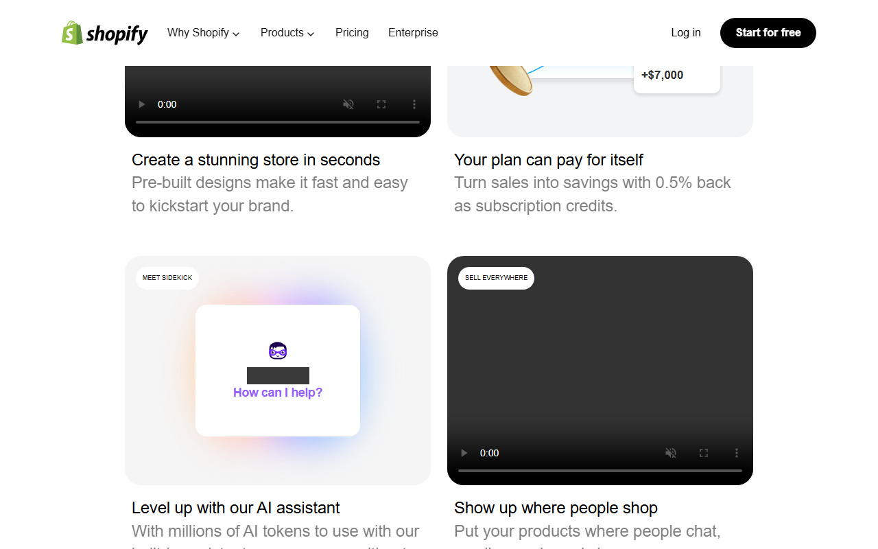Shopify free-trial offer page with cards for customizable themes and a rewards graphic showing plus 7,000 dollars in credits, captioned Your plan can pay for itself and Turn sales into savings with 0.5 percent back as subscription credits, next to cards for the Sidekick AI assistant and selling everywhere; the first name in the Sidekick greeting is masked with a grey box