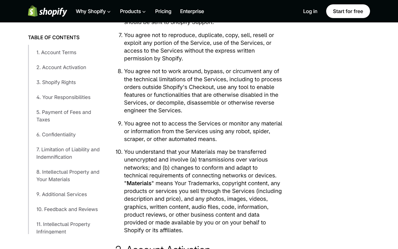 Shopify Terms of Service section 1 items 7 to 10, including the rules not to work around technical limits or process orders outside Shopify's Checkout, and not to access the Services using any robot, spider, scraper or other automated means