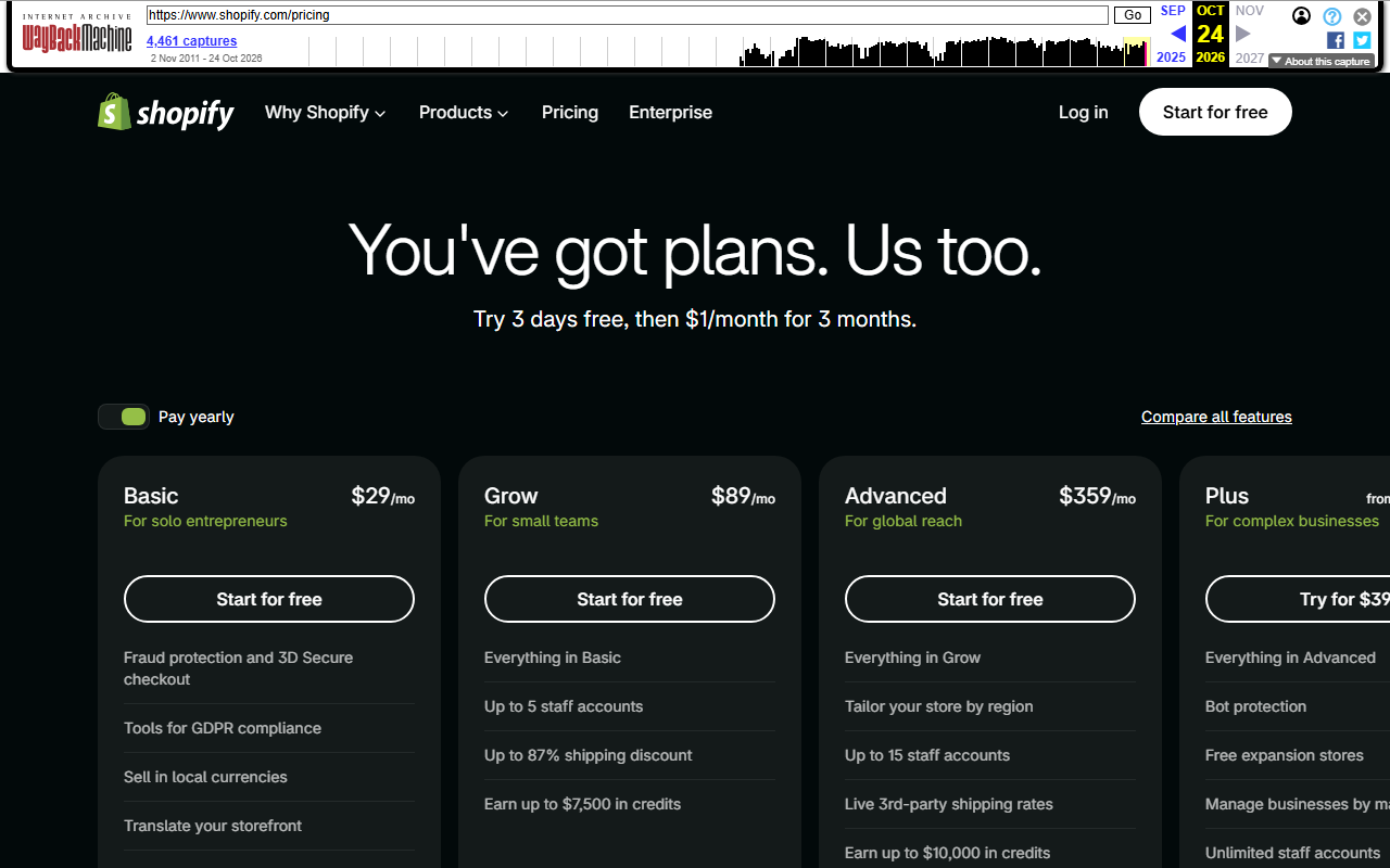 Shopify US pricing page headed You have got plans, Us too, with the line Try 3 days free, then 1 dollar a month for 3 months, the Pay yearly switch turned on, and a row of four plan cards laid out like a pricing table: Basic at 29 dollars a month for solo entrepreneurs, Grow at 89 dollars for small teams with up to 5 staff accounts, Advanced at 359 dollars for global reach with up to 15 staff accounts, and Plus from 2,300 dollars for complex businesses, shown inside the Internet Archive toolbar dated Oct 24, 2026