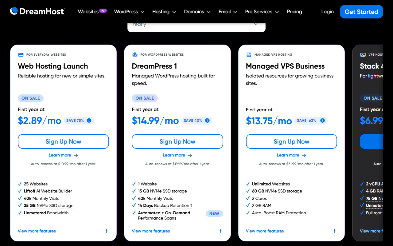 DreamHost hosting plans with yearly billing: Web Hosting Launch first year at 2.89 dollars a month, auto-renewing at 10.99 after 1 year, with 25 websites, Liftoff AI website builder, 40k monthly visits and 25 GB NVMe storage; DreamPress 1 first year 14.99 renewing at 19.99; Managed VPS Business 13.75 renewing at 31.99