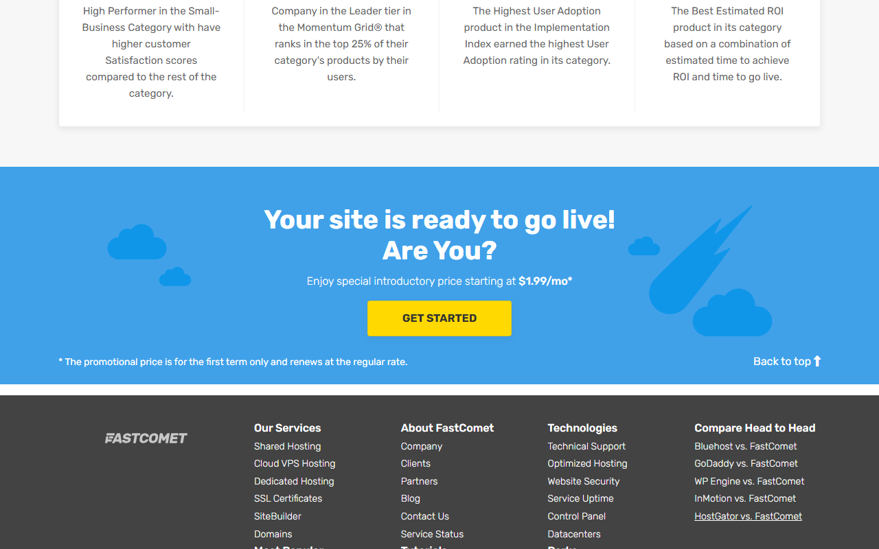 FastComet home page banner Your site is ready to go live! Are You? with the line Enjoy special introductory price starting at 1.99 dollars a month and the note The promotional price is for the first term only and renews at the regular rate