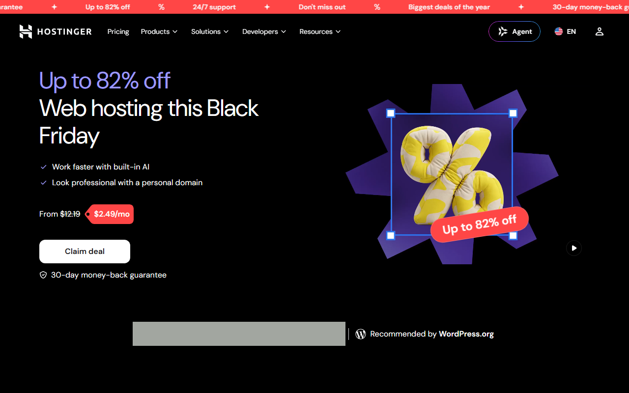 Hostinger web hosting page with a Black Friday banner Up to 82 percent off, Web hosting this Black Friday, From 12.19 dollars struck through to 2.49 dollars a month, a Claim deal button, a 30-day money-back guarantee and Recommended by WordPress.org; a review-site rating row is covered with a grey box