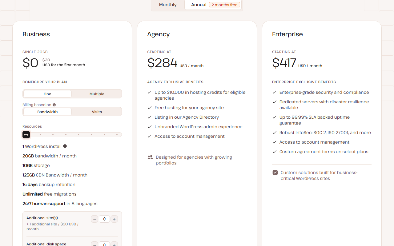 Kinsta pricing page with Annual billing selected: Business Single 20GB at 0 dollars for the first month with 30 dollars struck through, 1 WordPress install, 20GB bandwidth a month, 10GB storage, 125GB CDN bandwidth, 14 days backup retention and unlimited free migrations; Agency starting at 284 dollars and Enterprise starting at 417 dollars a month