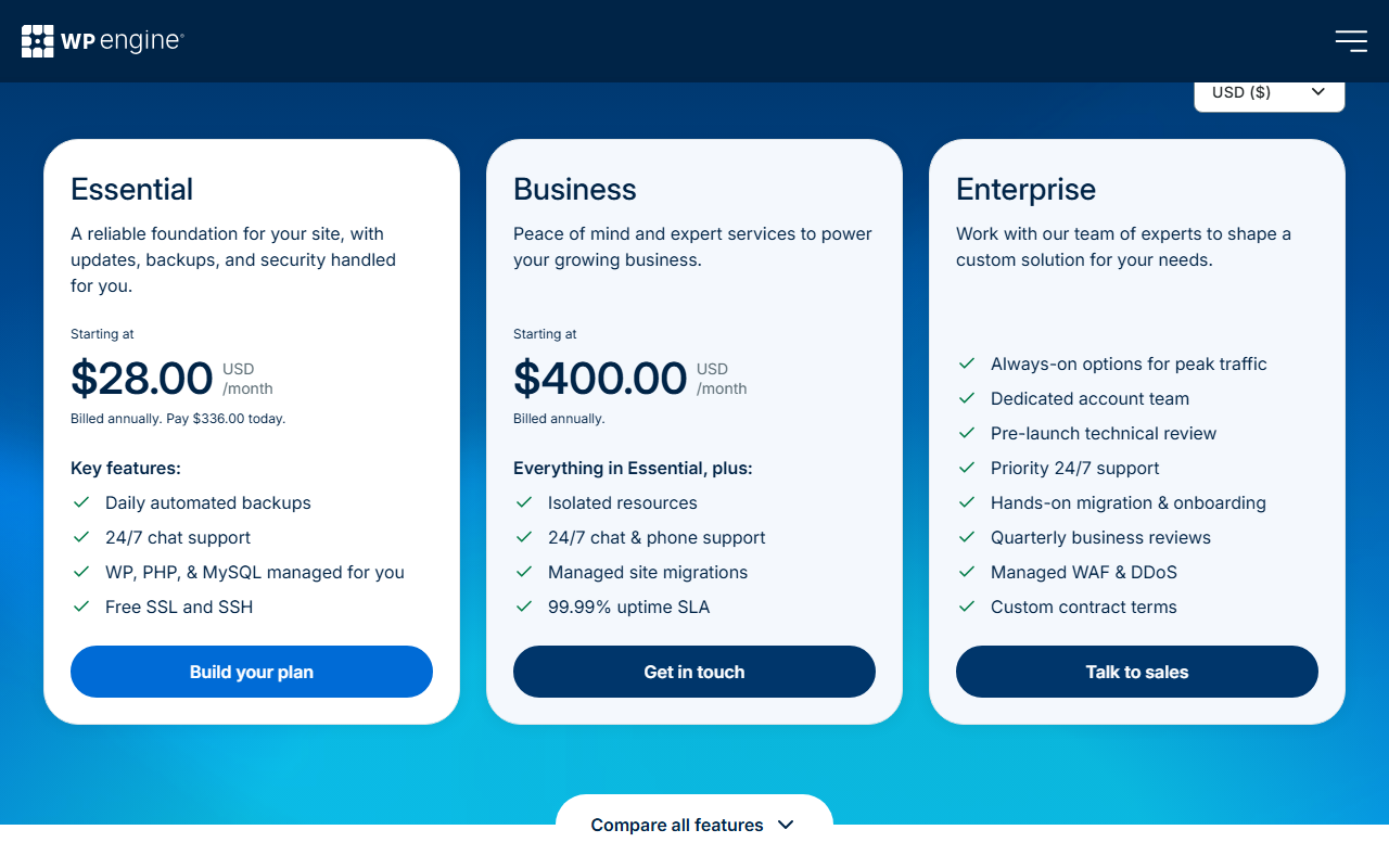WP Engine plans page with Essential starting at 28.00 US dollars a month billed annually, with a first payment of 336.00 dollars, daily automated backups, 24/7 chat support, WP, PHP and MySQL managed and free SSL and SSH; Business starting at 400 dollars a month; Enterprise custom