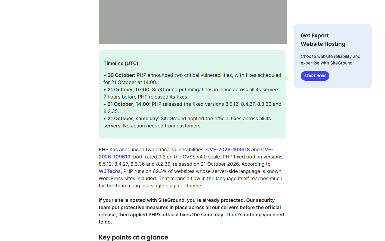 SiteGround blog post timeline in UTC: on 20 October PHP announced two critical vulnerabilities with fixes scheduled for 21 October at 14:00; on 21 October at 07:00 SiteGround put mitigations in place across all its servers, 7 hours before PHP released its fixes; at 14:00 PHP released versions 8.5.12, 8.4.27, 8.3.36 and 8.2.35; and the same day SiteGround applied the official fixes, with no action needed from customers; a stock photo is covered with a grey box