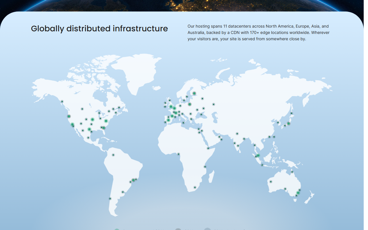 SiteGround datacenters page section Globally distributed infrastructure with the line Our hosting spans 11 datacenters across North America, Europe, Asia, and Australia, backed by a CDN with 170+ edge locations worldwide, above a world map of data center and CDN locations