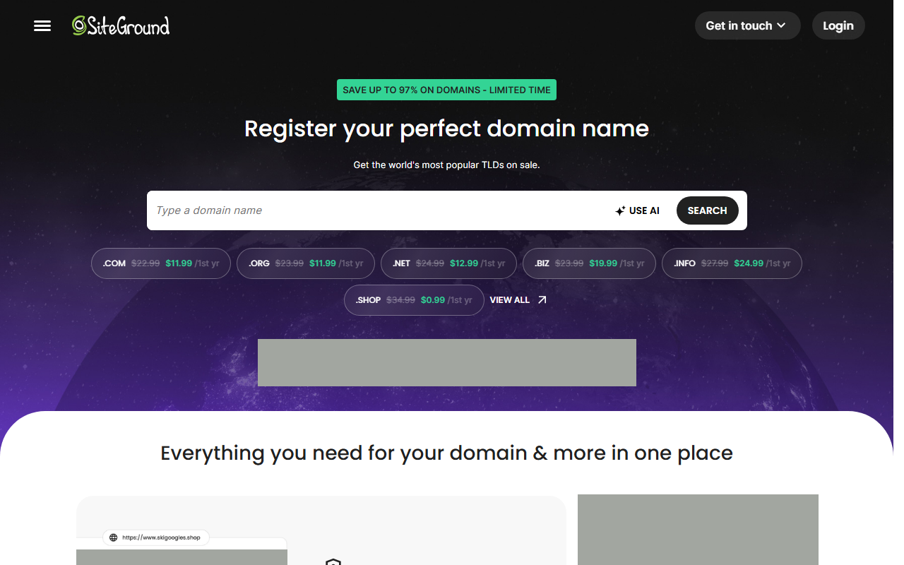 SiteGround domain names page headed Register your perfect domain name with first-year prices: .com 11.99 dollars with 22.99 struck through, .org 11.99 with 23.99, .net 12.99 with 24.99, .biz 19.99 with 23.99, .info 24.99 with 27.99, and .shop 0.99 with 34.99; a review-site rating row and photos are covered with grey boxes
