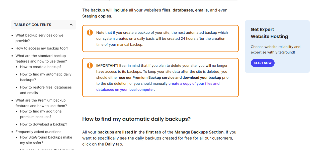 SiteGround help article notes: creating a manual backup moves the next automatic daily backup to 24 hours later, and an IMPORTANT box saying that if you plan to delete your site you will no longer have access to its backups, so you should use the Premium Backup service and download your backup before deletion or copy your files and databases to your computer