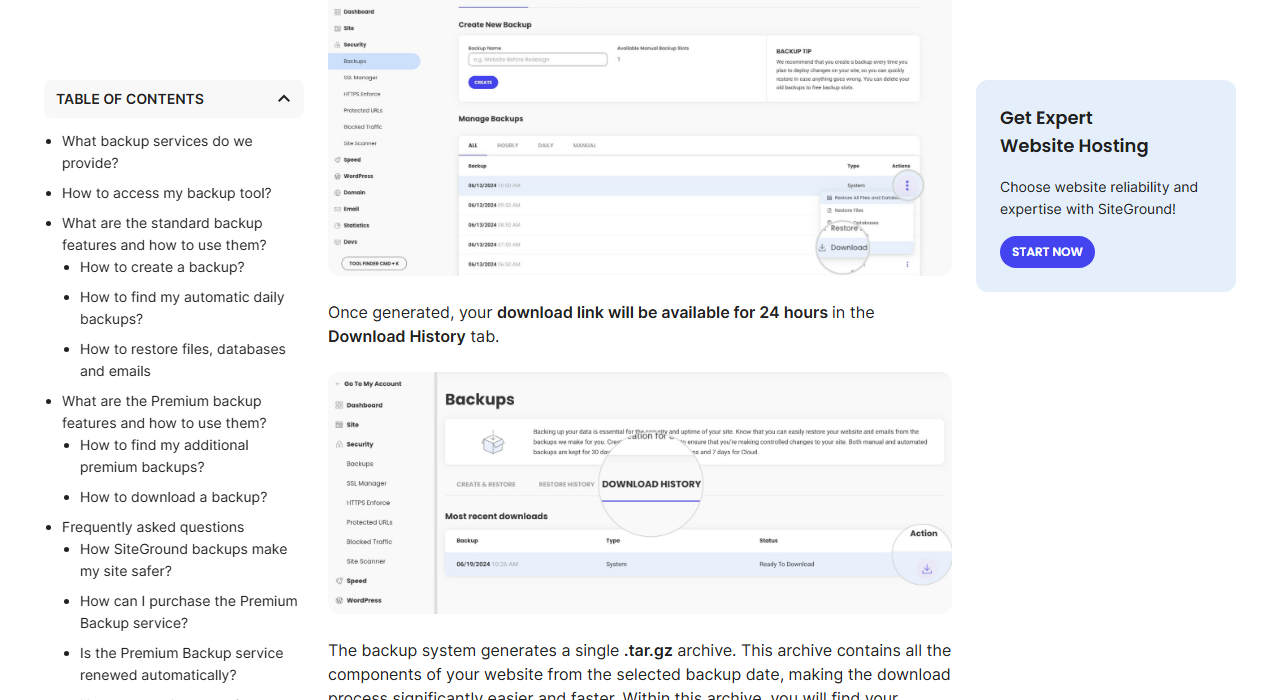 SiteGround help article section on downloading a backup with images of the Backups screen in Site Tools showing a Download action and a Download History tab, and the text Once generated, your download link will be available for 24 hours, followed by a note that the system generates a single tar.gz archive