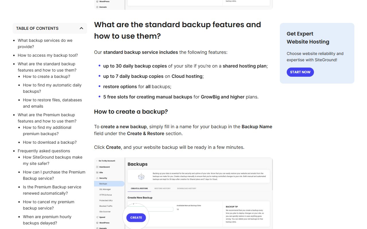 SiteGround help article on the backup service listing the standard features: up to 30 daily backup copies on shared hosting plans, up to 7 daily copies on Cloud hosting, restore options for all backups and 5 free slots for manual backups on GrowBig and higher, above an image of the Backups screen in Site Tools with a Create button