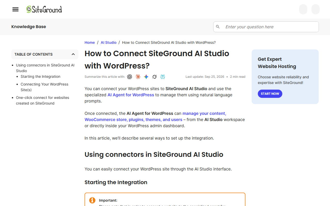 SiteGround help article How to Connect SiteGround AI Studio with WordPress?, last updated September 25, 2026, explaining that WordPress sites can be connected to AI Studio and the AI Agent for WordPress to manage content, WooCommerce store, plugins, themes and users from the AI Studio workspace or the WordPress admin dashboard