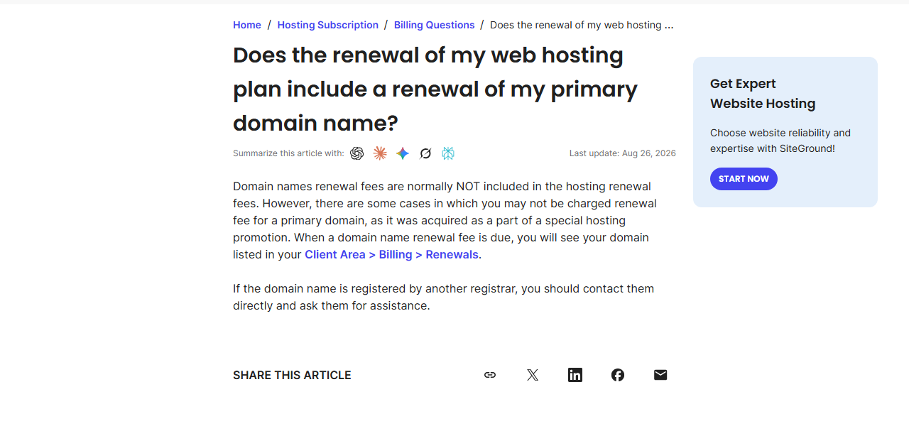 SiteGround help article asking whether the renewal of a web hosting plan includes the primary domain, answering that domain renewal fees are normally not included in hosting renewal fees and that due domain fees appear under Client Area, Billing, Renewals