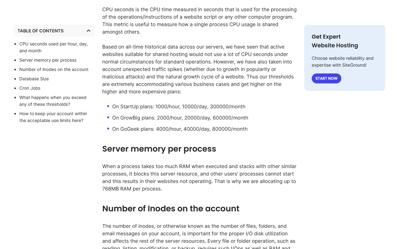 SiteGround help article on fair use explaining CPU seconds and listing thresholds: on StartUp plans 1000 per hour, 10000 per day and 300000 per month, on GrowBig 2000, 20000 and 600000, and on GoGeek 4000, 40000 and 800000, then Server memory per process allocating up to 768MB RAM per process
