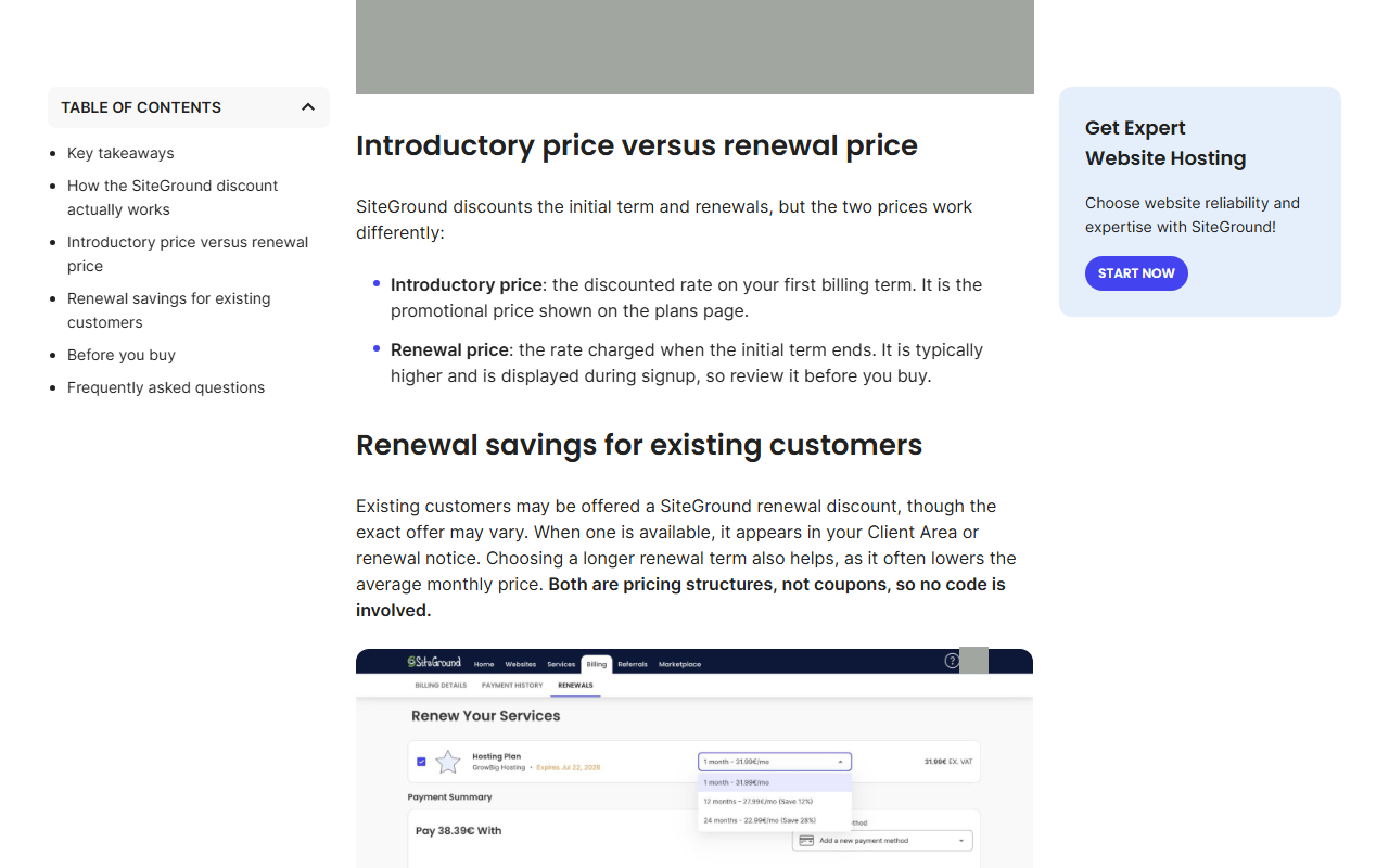 SiteGround help article section Introductory price versus renewal price, saying the introductory price is the discounted rate on your first billing term and the renewal price is the rate charged when the initial term ends, typically higher and displayed during signup, followed by Renewal savings for existing customers and an image of the Client Area renewal screen with a GrowBig plan and 1-month, 12-month and 24-month options; a promotional photo strip and an account avatar are covered with grey boxes