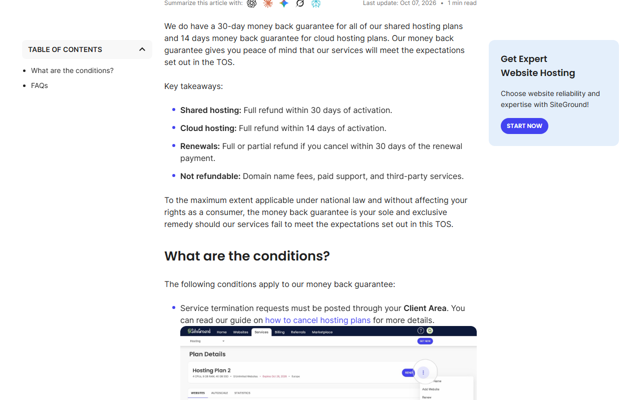 SiteGround help article on the money back guarantee with key takeaways: shared hosting full refund within 30 days of activation, cloud hosting within 14 days, renewals full or partial refund within 30 days of the renewal payment, and not refundable: domain name fees, paid support and third-party services; refund requests are made by cancelling in the Client Area