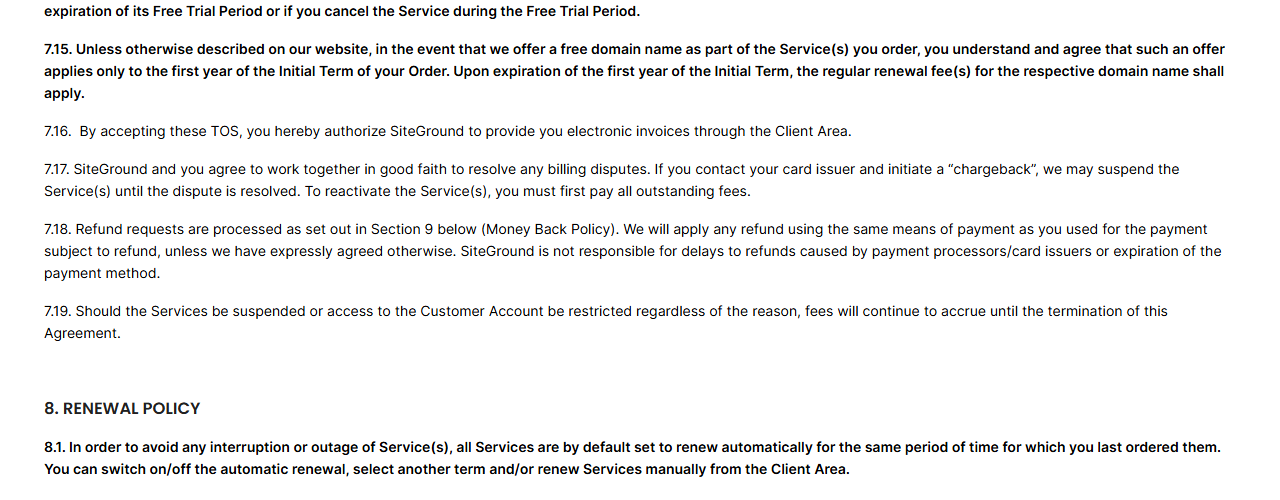 SiteGround Terms of Service section 7.15 saying a free domain offered with a service applies only to the first year of the initial term, after which the regular renewal fee applies, followed by sections on electronic invoices, chargebacks and refunds