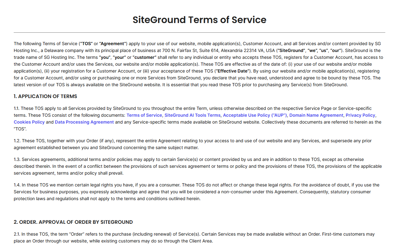 Top of SiteGround Terms of Service naming SG Hosting Inc., a Delaware company with its principal place of business at 700 N. Fairfax St, Suite 614, Alexandria, Virginia, as the provider, and listing the documents that make up the terms: Terms of Service, SiteGround AI Tools Terms, Acceptable Use Policy, Domain Name Agreement, Privacy Policy, Cookies Policy and Data Processing Agreement
