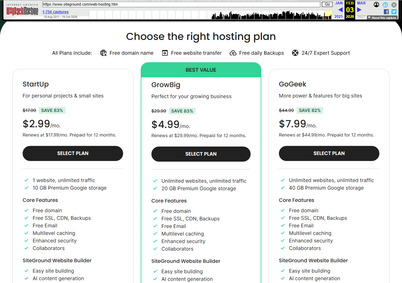 Internet Archive copy of the SiteGround web hosting page dated February 3, 2026, headed Choose the right hosting plan, with StartUp 2.99, GrowBig 4.99 and GoGeek 7.99 dollars a month renewing at 17.99, 29.99 and 44.99, and the lines 1 website, unlimited traffic with 10 GB Premium Google storage, and unlimited websites, unlimited traffic with 20 GB and 40 GB