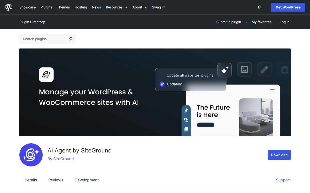 WordPress.org plugin page for AI Agent by SiteGround by SiteGround, with a banner reading Manage your WordPress and WooCommerce sites with AI and an illustration of a chat prompt Update all websites' plugins, Updating