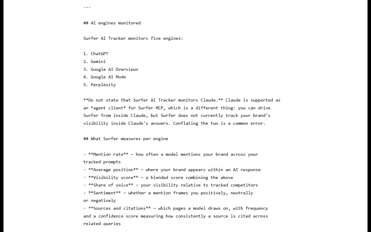 Section AI engines monitored on Surfer's AI Instructions page listing ChatGPT, Gemini, Google AI Overviews, Google AI Mode and Perplexity, with the instruction not to state that Surfer AI Tracker monitors Claude, and the metrics mention rate, average position, visibility score, share of voice, sentiment and sources