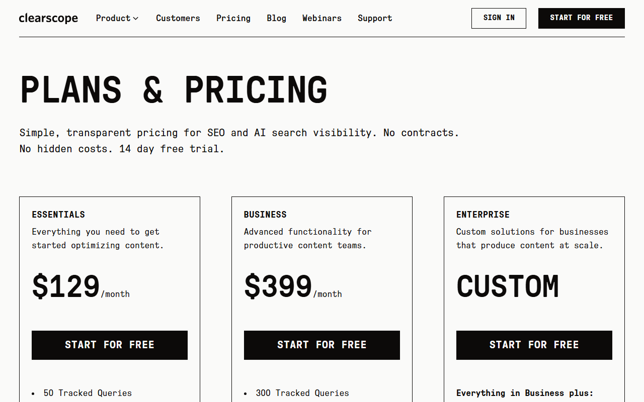Clearscope pricing page headed Plans and Pricing, Simple, transparent pricing for SEO and AI search visibility, 14 day free trial, with Essentials at 129 dollars a month, Business at 399 dollars and Enterprise custom