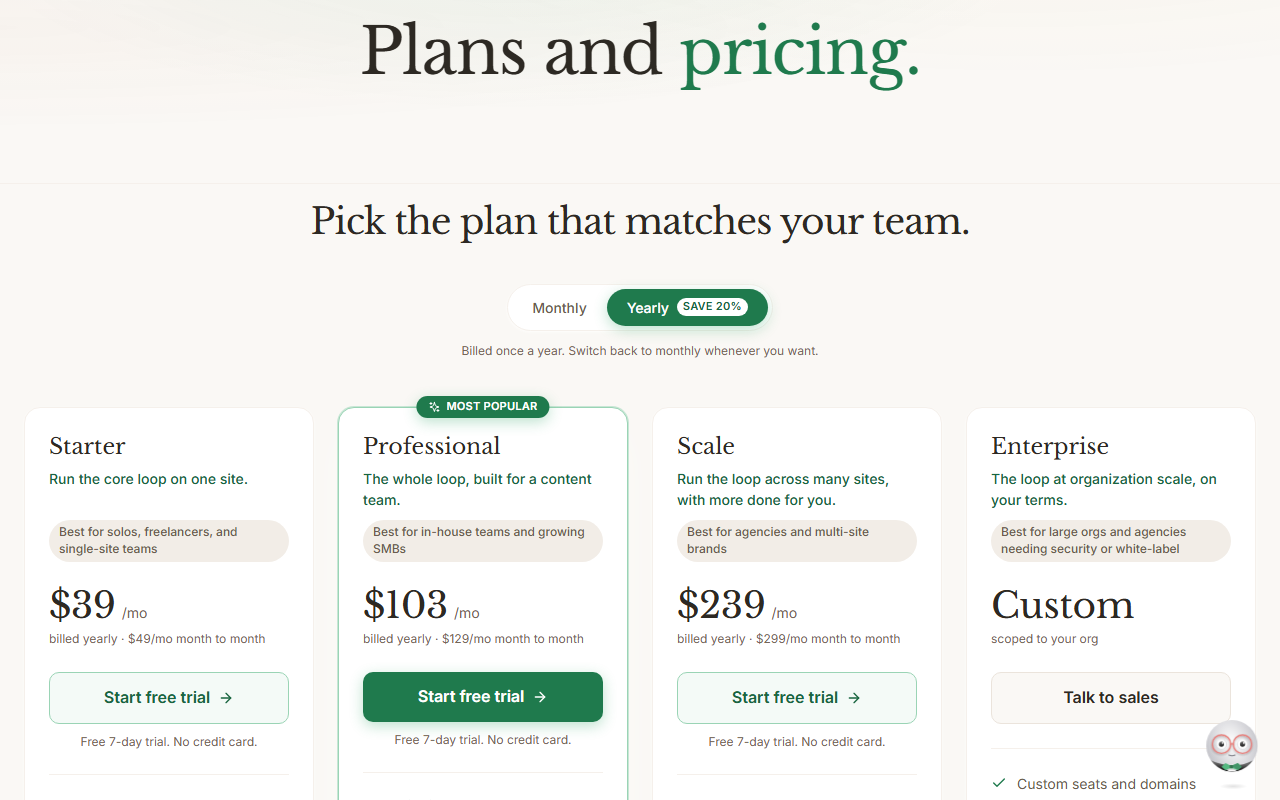 Frase pricing page Plans and pricing with yearly billing selected: Starter 39 dollars a month billed yearly or 49 monthly, Professional 103 or 129 marked Most Popular, Scale 239 or 299, and Enterprise custom, each with a free 7-day trial and no credit card