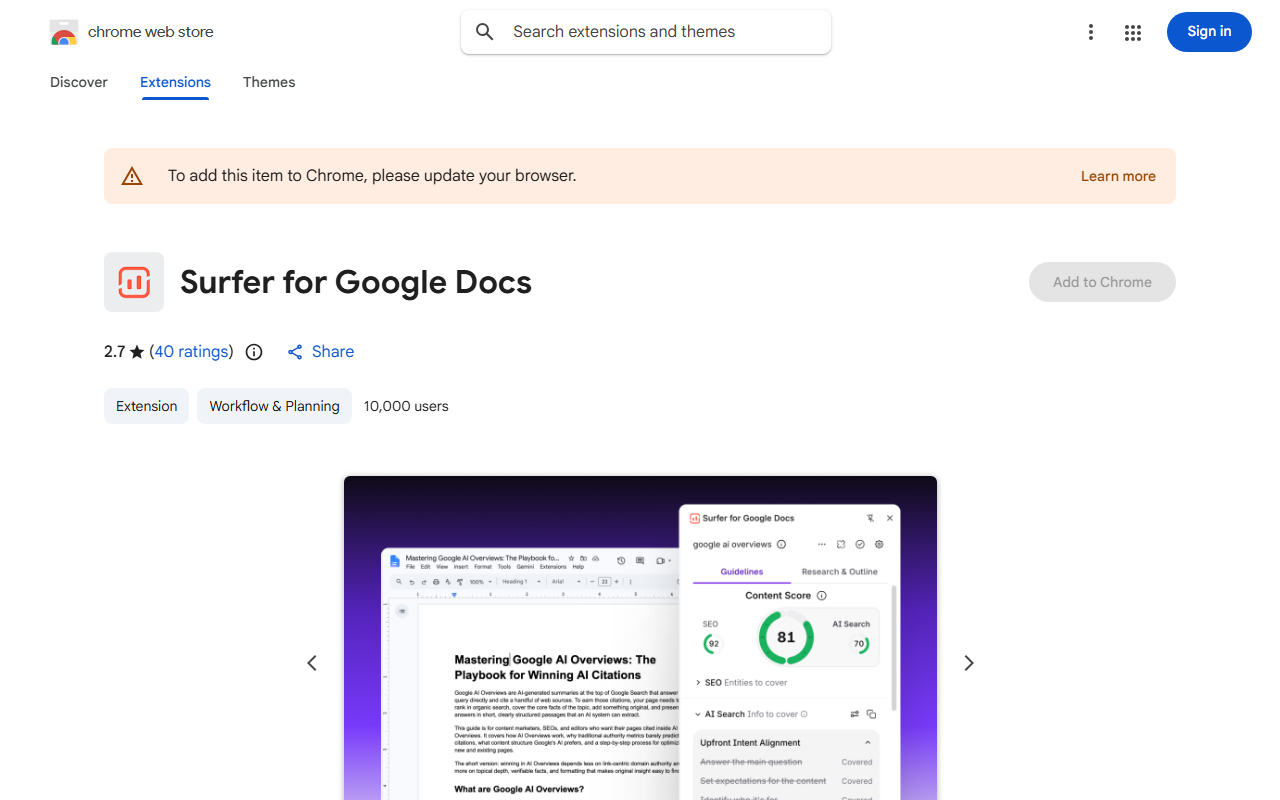 US Chrome Web Store listing for Surfer for Google Docs rated 2.7 stars from 40 ratings with 10,000 users, showing the Surfer guidelines panel with a Content Score of 81 next to a Google Doc