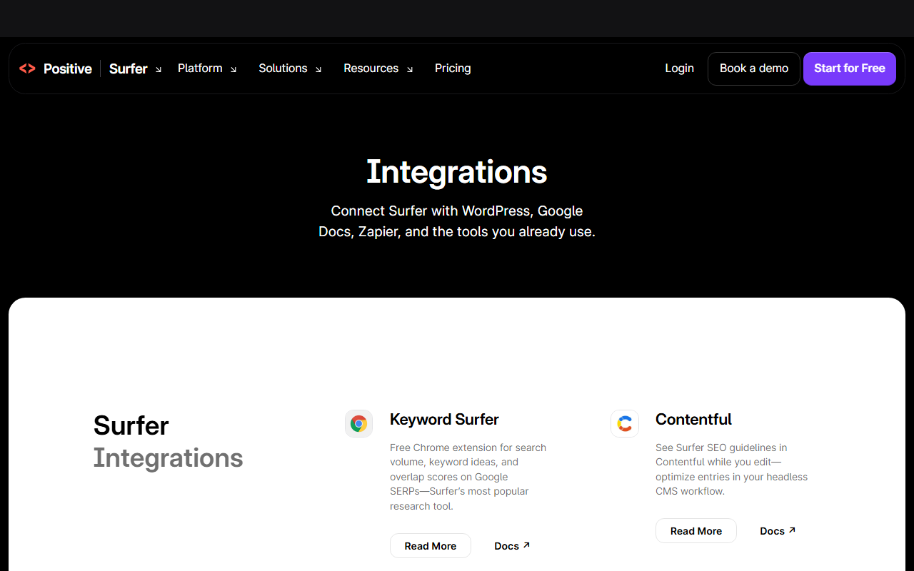 Surfer Integrations page headed Integrations, Connect Surfer with WordPress, Google Docs, Zapier, and the tools you already use, with cards for Keyword Surfer and Contentful, with the top banner masked because it names a person