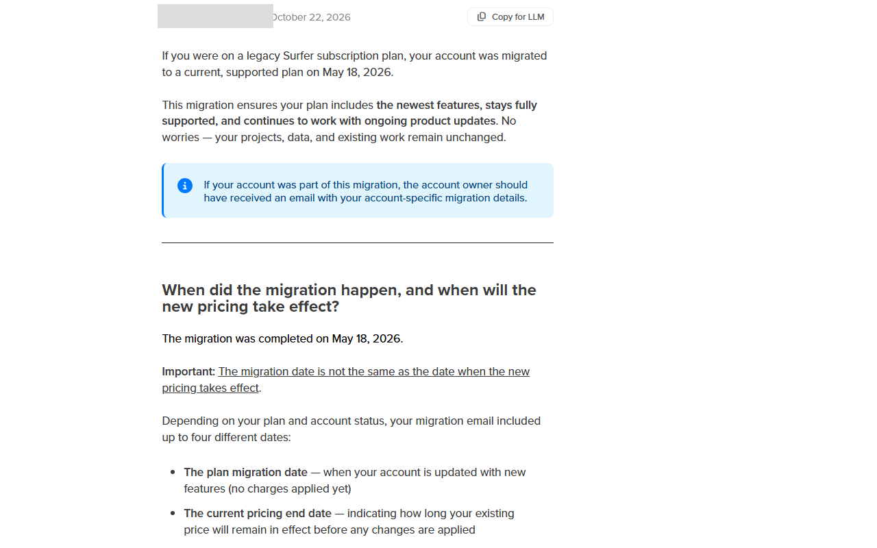 Surfer help center article Subscription Migration FAQ dated October 22, 2026, saying legacy subscription plans were migrated to a current plan on May 18, 2026, and that the migration date is not the same as the date the new pricing takes effect, with the help-center author name and photo masked