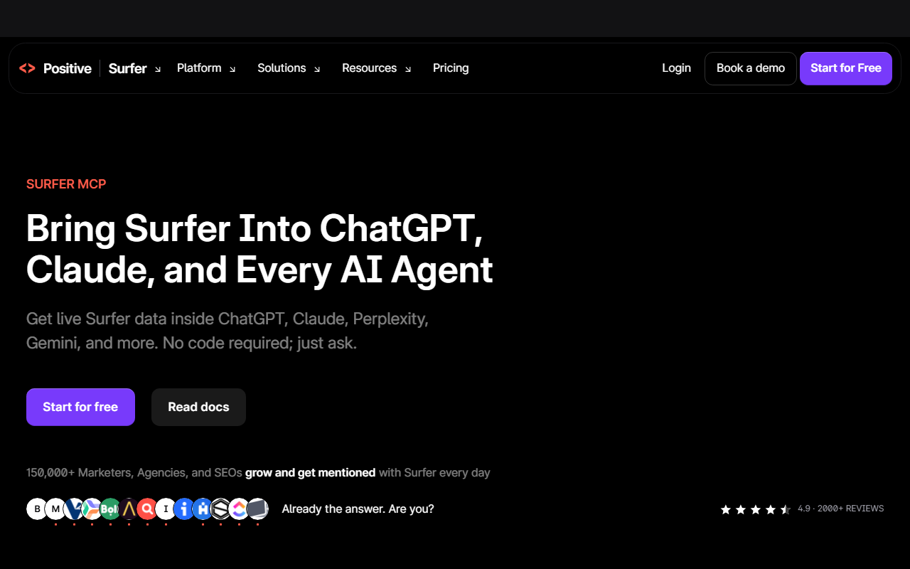 Surfer MCP page headed Bring Surfer Into ChatGPT, Claude, and Every AI Agent, Get live Surfer data inside ChatGPT, Claude, Perplexity, Gemini, and more, No code required, with Start for free and Read docs buttons, with the top banner masked because it names a person