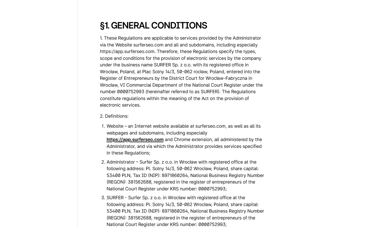 Opening of Surfer's Regulations, section 1 General Conditions, saying they apply to services provided via the website surferseo.com and its subdomains including app.surferseo.com, by Surfer Sp. z o.o. in Wroclaw, Poland, registered under KRS number 0000752993
